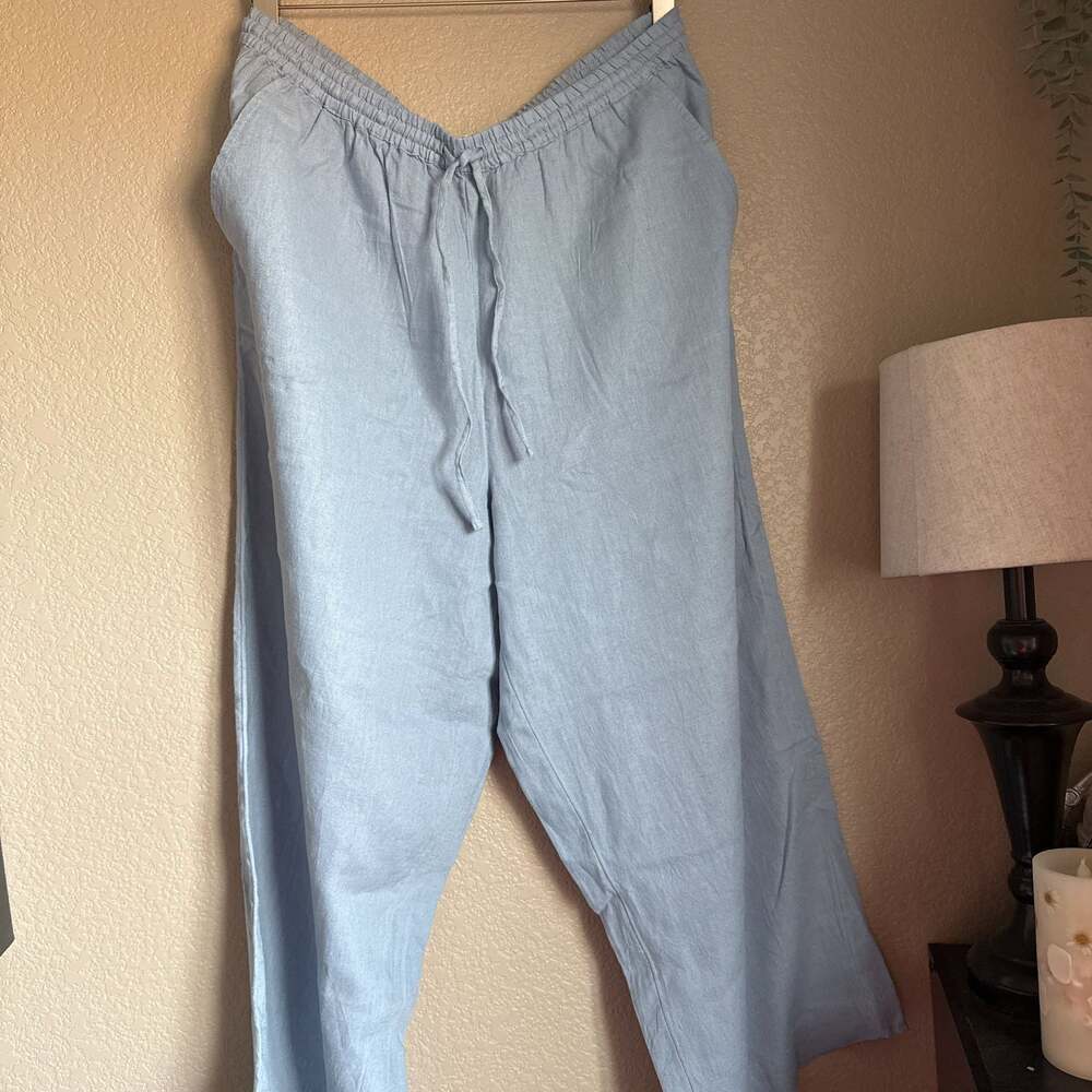 Dip Wode Leg Cotton-Linen Pants -XL Baby Blue